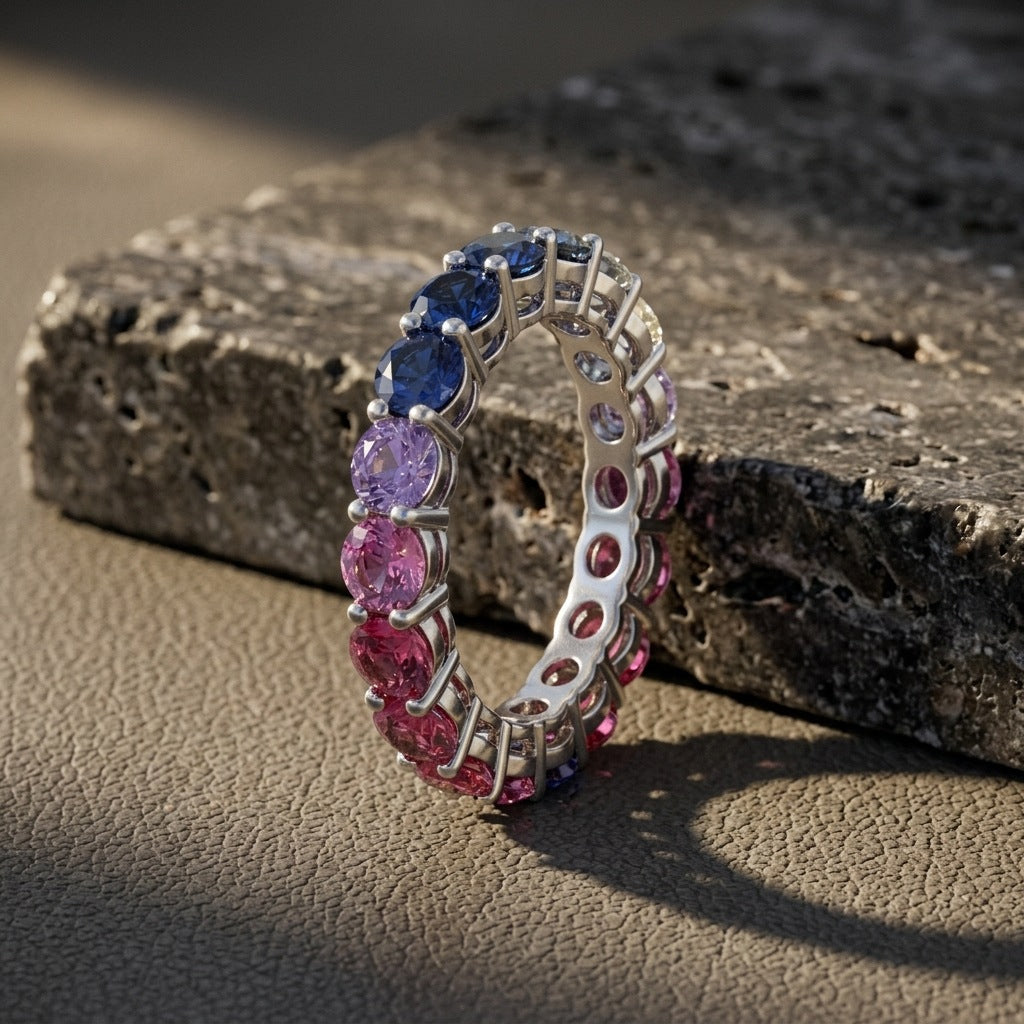 Silver round rainbow gradient moissanite eternity band ring displayed on dark slate stone