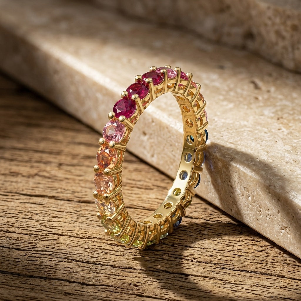 Gold round rainbow gradient moissanite eternity band ring resting on natural wooden surface