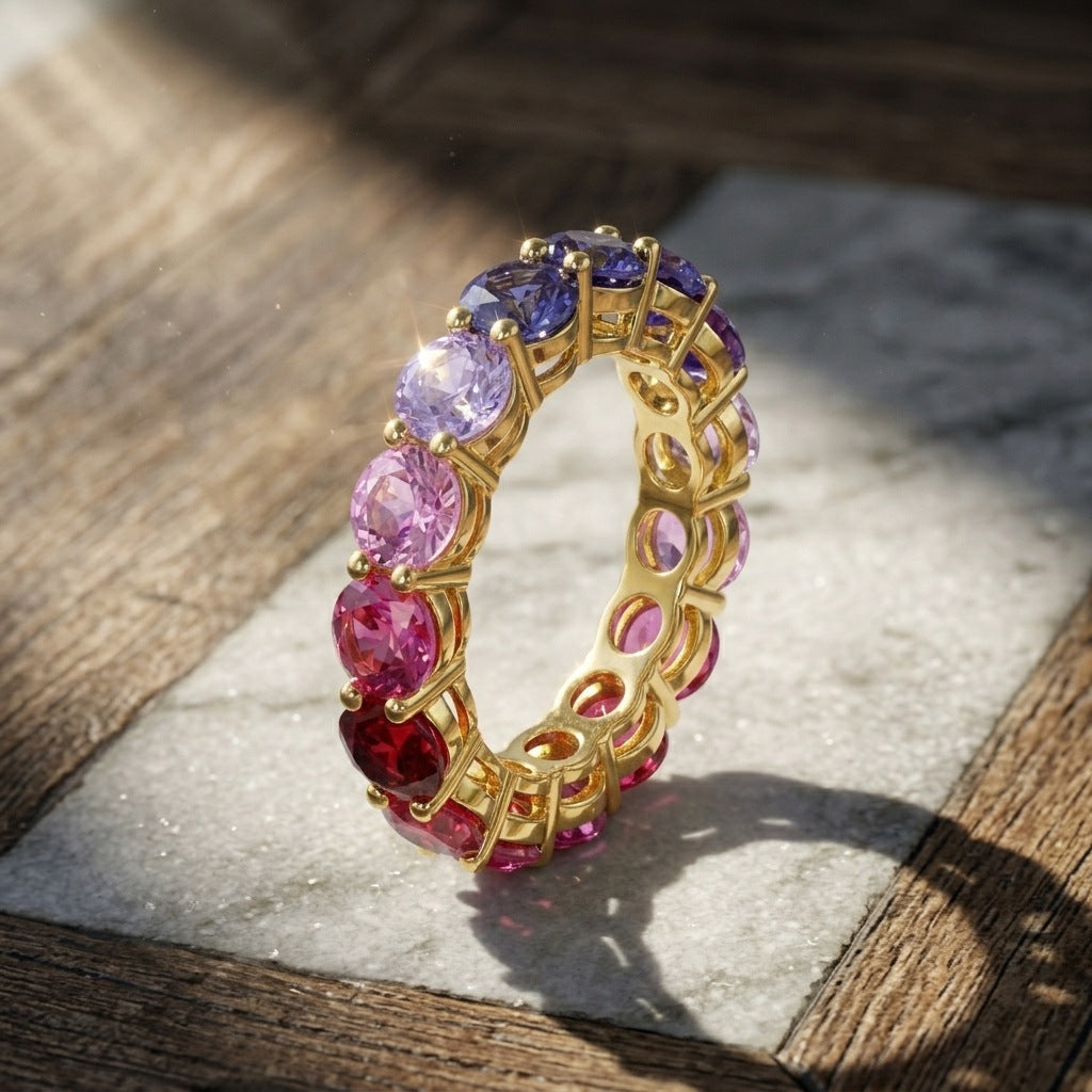 Gold round rainbow gradient moissanite eternity band ring standing on patterned stone slab