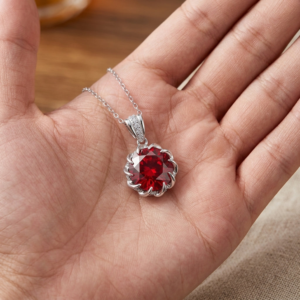 Red gemstone pendant on a silver chain held in a hand