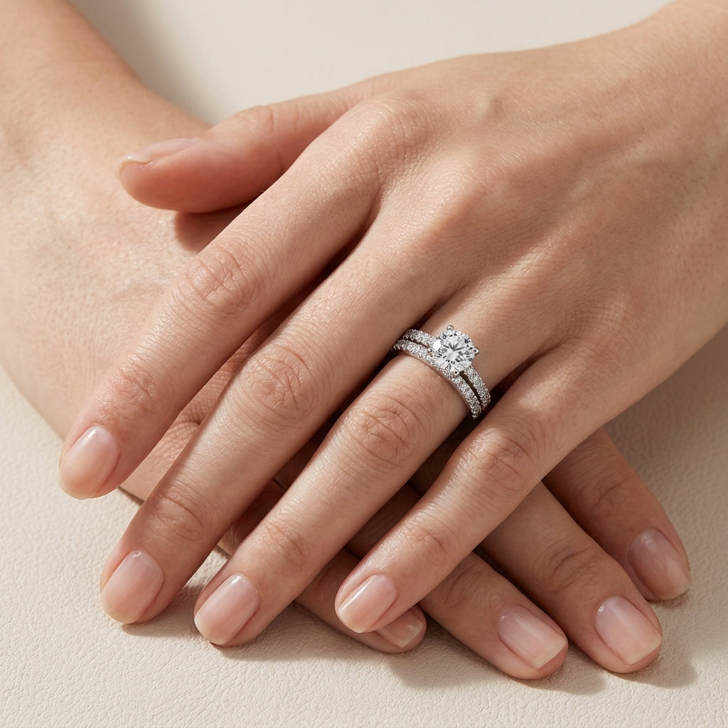 Model wearing classic round lab grown diamond solitaire and pave stacking ring set.