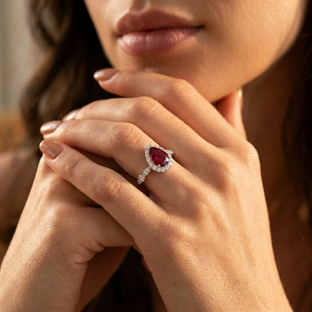 Close-up editorial portrait of a model displaying a royal pigeon-blood ruby teardrop halo ring under warm professional studio lighting.