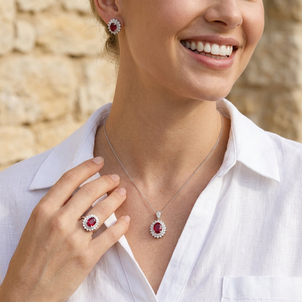Woman wearing a set of red gemstone jewelry including earrings, necklace, and ring against a stone wall background.