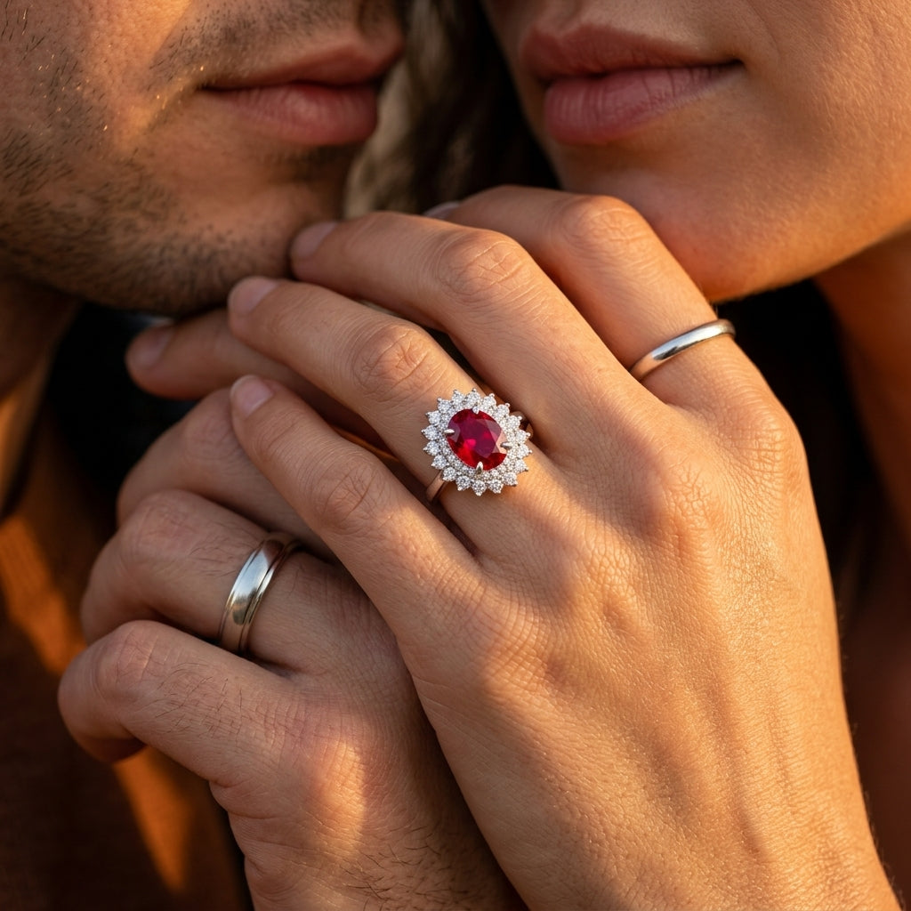 Close-up of a hand wearing a ring with a red gemstone, held by another person.