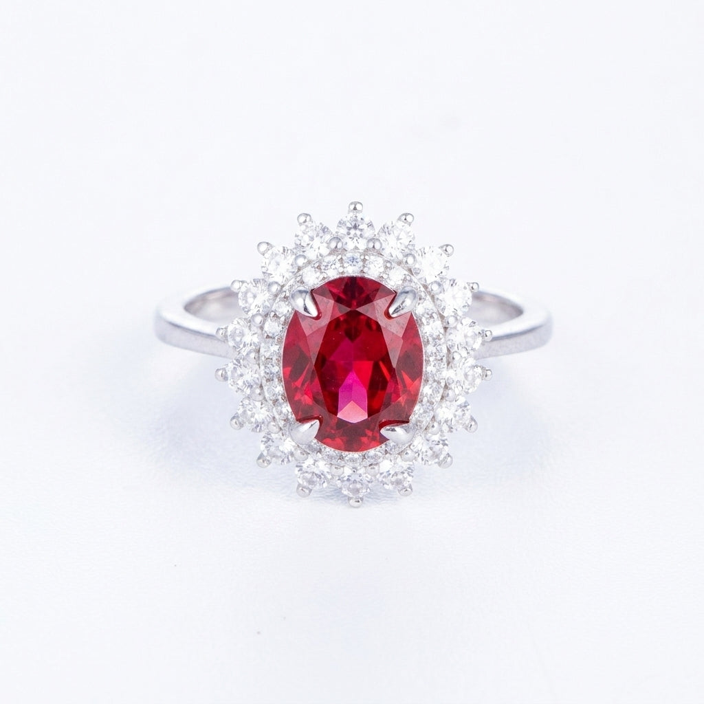 2ct oval-cut ruby Diana halo statement ring with sparkling diamond imitation border.