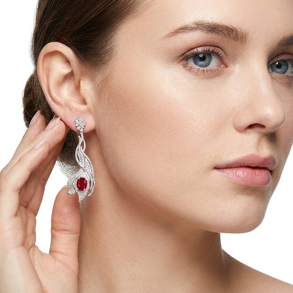Elegant 4.6ct crimson ruby wave earrings on model, highlighting minimalist and effortless luxury style
