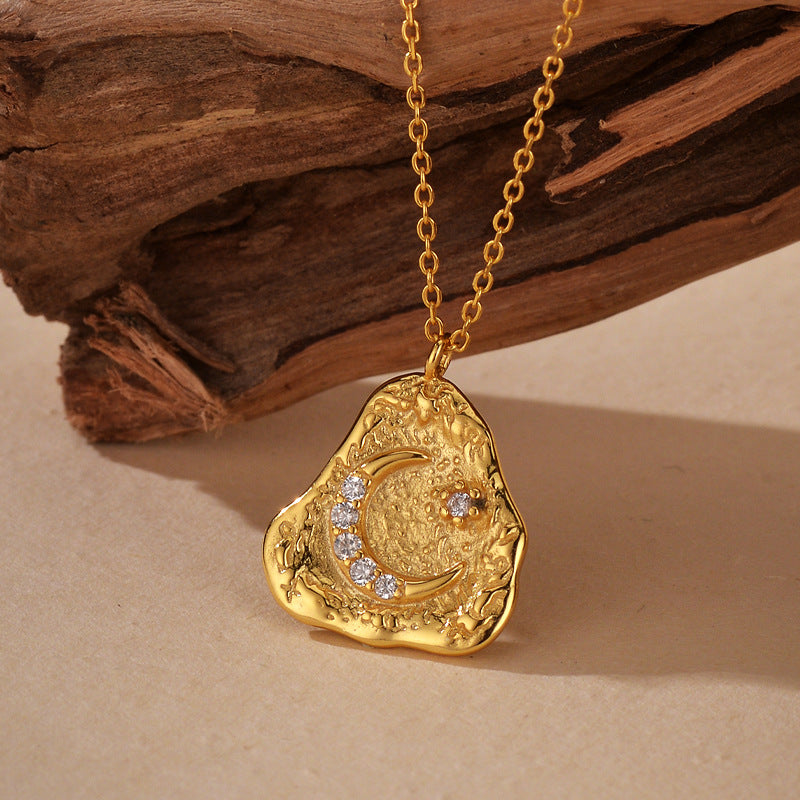 Close-up of Textured Moon Pendant with Micro CZ Stones