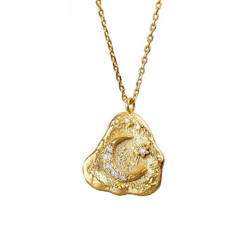 S925 Sterling Silver Textured Crescent Moon Necklace on White Background