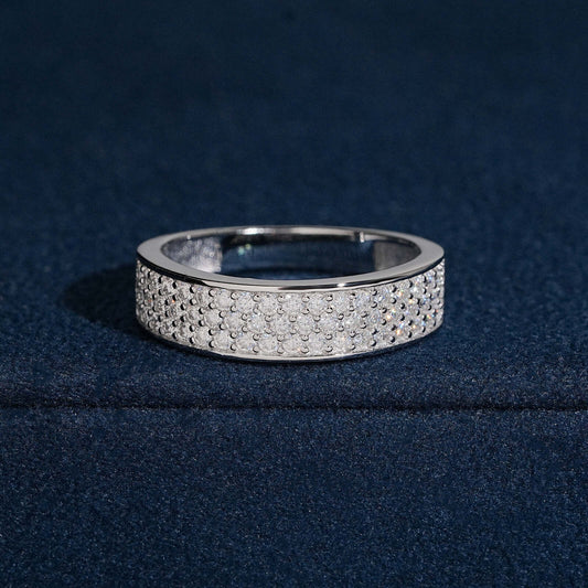 S925 sterling silver full iced out moissanite 3-row micro-pavé band ring on dark blue velvet