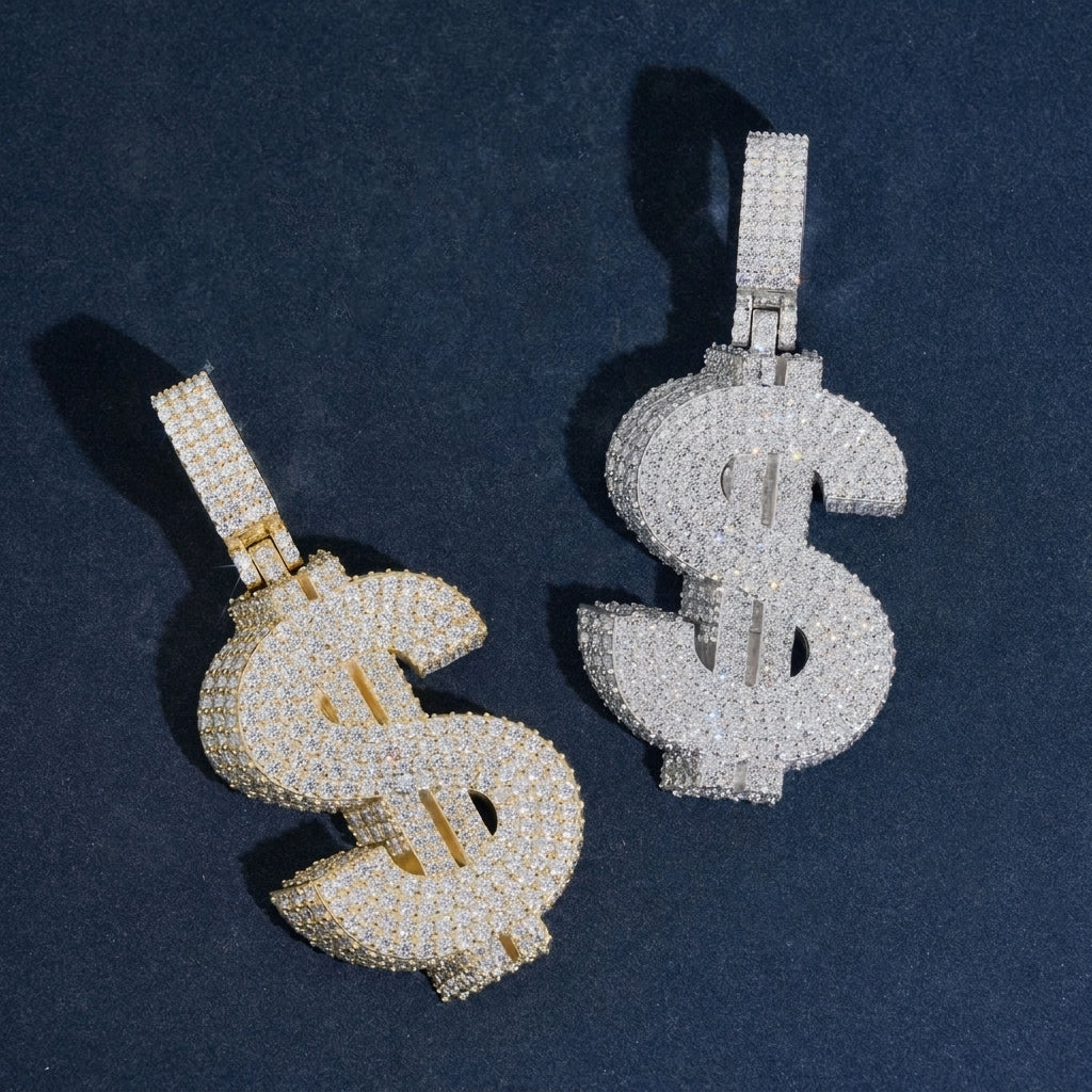 S925 sterling silver full iced out moissanite 3D dollar sign pendant in gold and silver on dark blue background