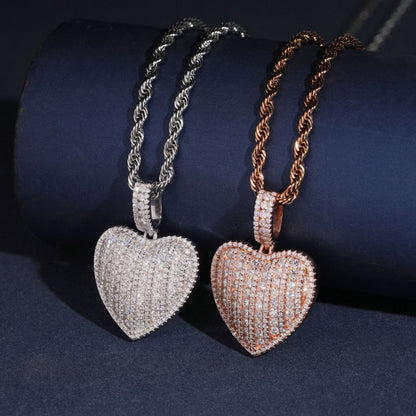 S925 sterling silver full iced out moissanite 3D puffed heart pendant in silver and rose gold with rope chain