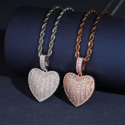 S925 sterling silver full iced out moissanite 3D puffed heart pendant in silver and rose gold with rope chain