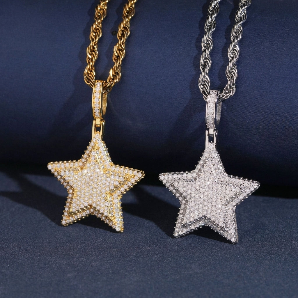 S925 sterling silver full iced out moissanite 3D puffed star pendant in gold and silver with rope chain