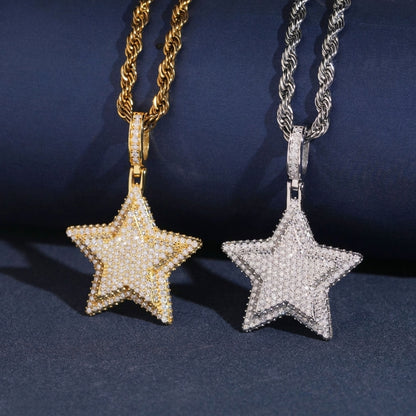 S925 sterling silver full iced out moissanite 3D puffed star pendant in gold and silver with rope chain