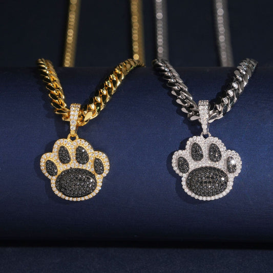 S925 sterling silver full iced out moissanite animal paw print pendant in gold and silver with cuban chain   