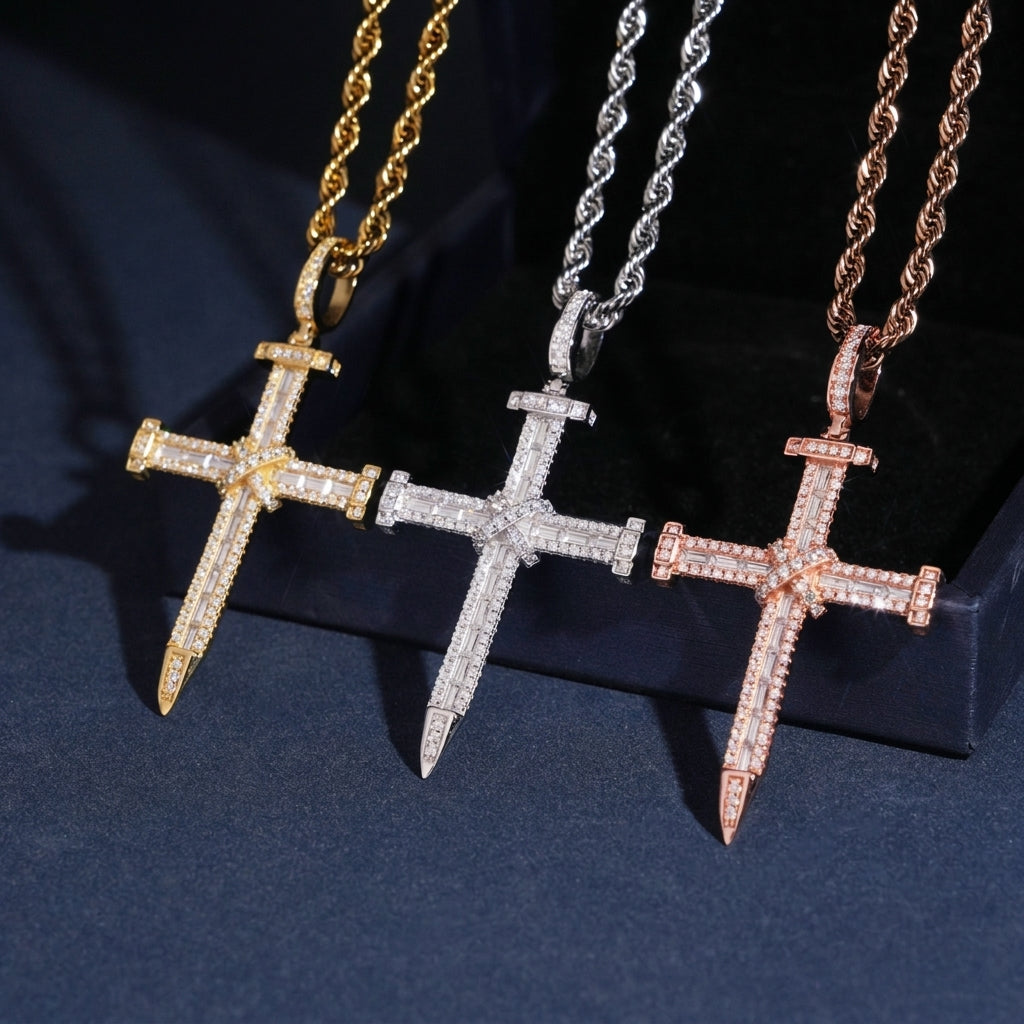 S925 sterling silver full iced out moissanite baguette cross pendant in gold silver rose gold with rope chain