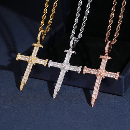 S925 sterling silver full iced out moissanite baguette cross pendant in gold silver rose gold with rope chain