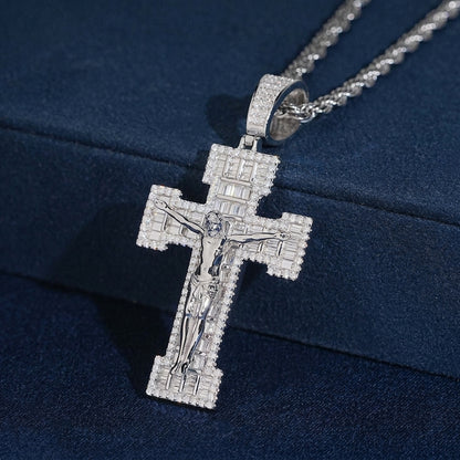 S925 sterling silver full iced out moissanite baguette crucifix cross pendant with rope chain on dark display box