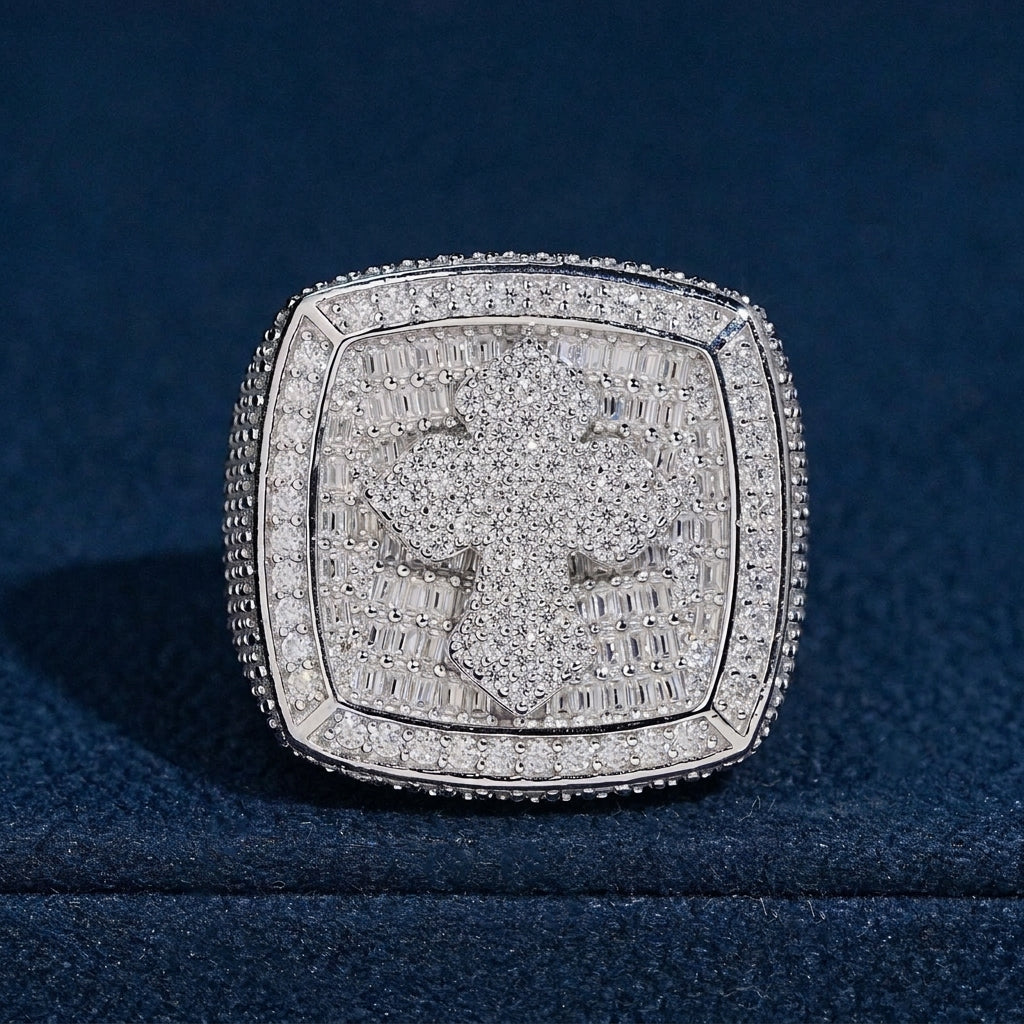 S925 sterling silver full iced out moissanite baguette cushion cross signet ring on dark blue velvet
