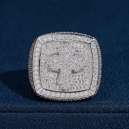 S925 sterling silver full iced out moissanite baguette cushion cross signet ring on dark blue velvet