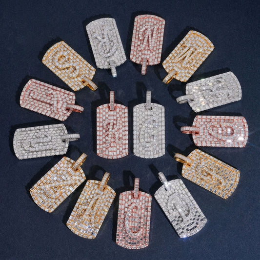 S925 sterling silver full iced out moissanite baguette initial dog tag pendant assortment in circular arrangement