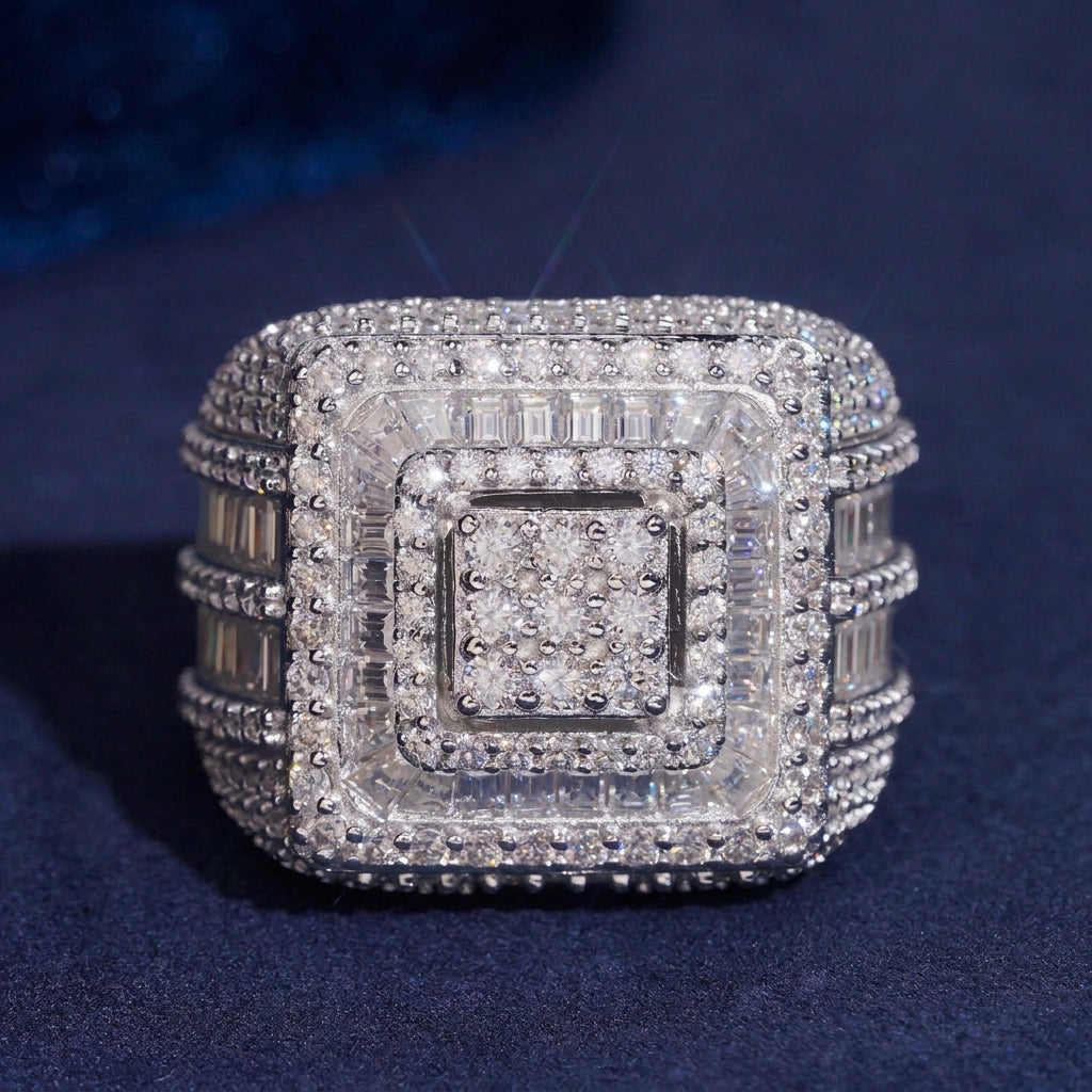 S925 sterling silver full iced out moissanite baguette square signet ring on dark blue velvet