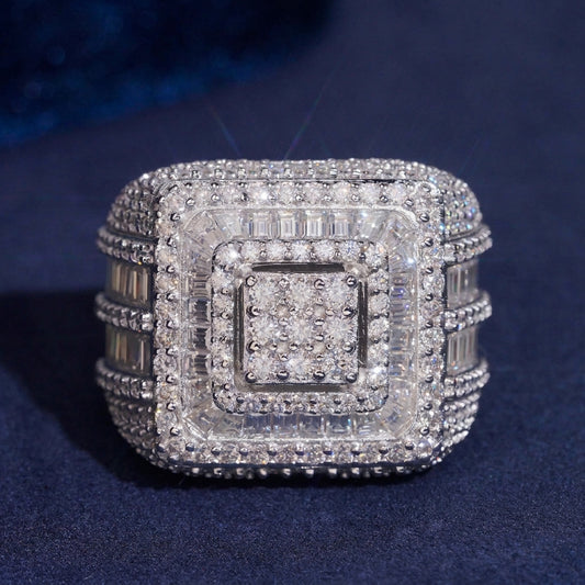 S925 sterling silver full iced out moissanite baguette square signet ring on dark blue velvet