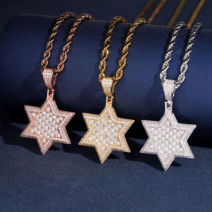 S925 sterling silver full iced out moissanite baguette Star of David pendant in rose gold gold silver with rope chain