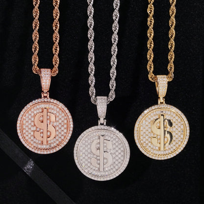 S925 sterling silver full iced out moissanite dollar sign medallion pendant in rose gold silver gold with rope chain