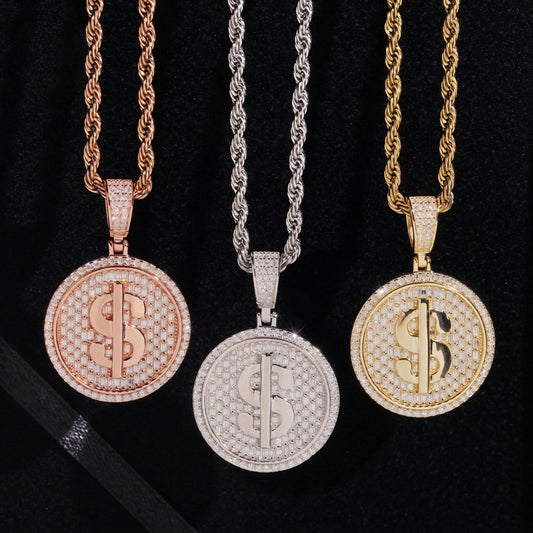 S925 sterling silver full iced out moissanite dollar sign medallion pendant in rose gold silver gold with rope chain