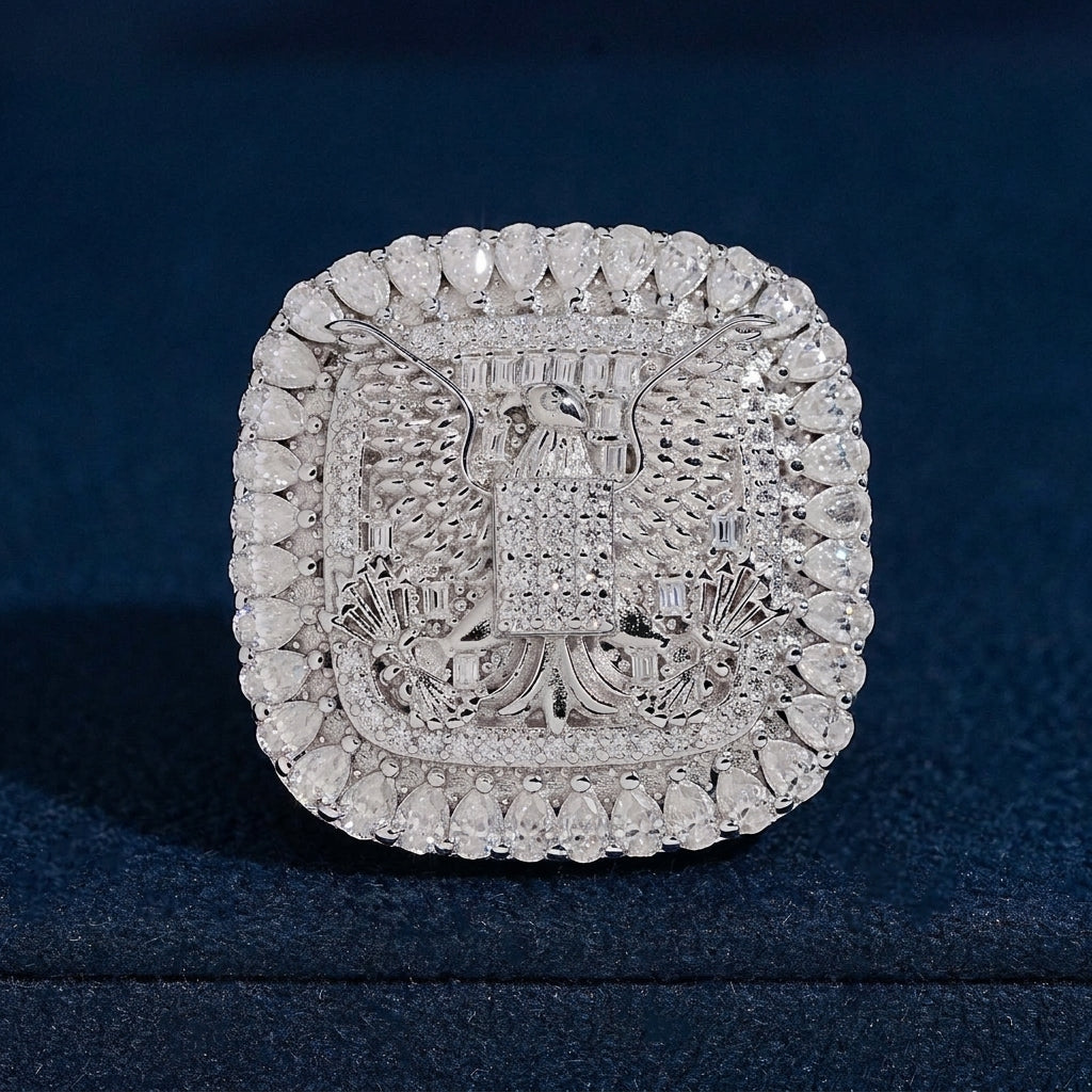 S925 sterling silver full iced out moissanite eagle cushion signet ring on dark blue velvet