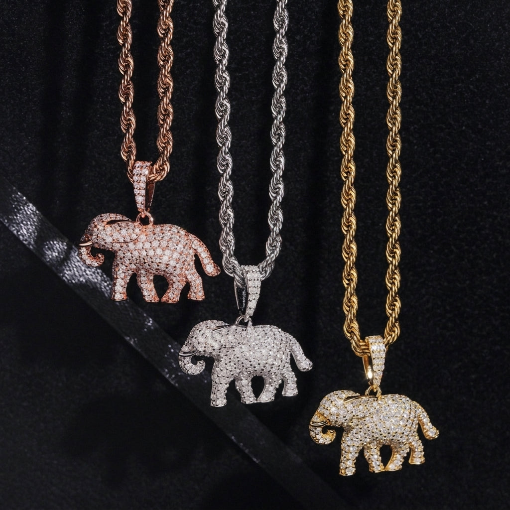 S925 sterling silver full iced out moissanite elephant pendant in rose gold silver gold with rope chain