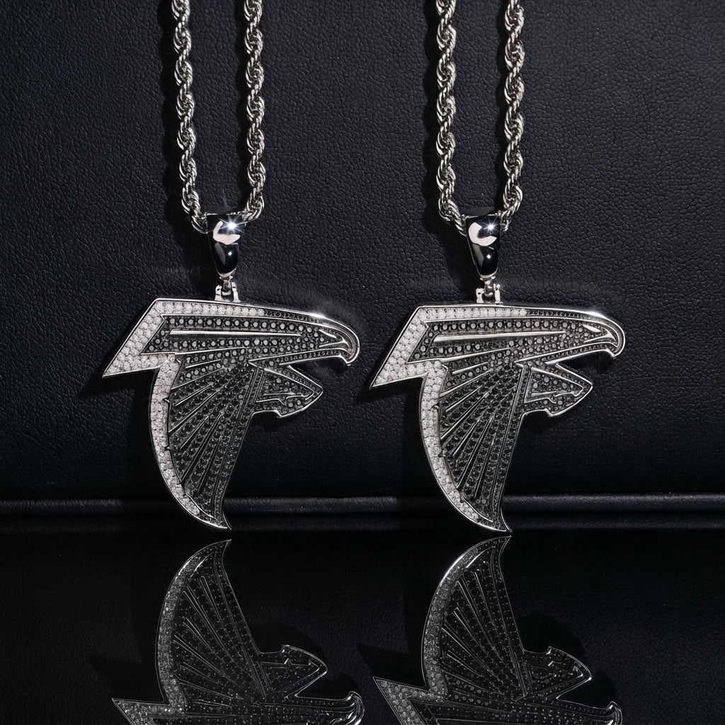 S925 sterling silver full iced out moissanite falcon bird logo pendant pair with rope chains on dark background