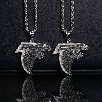 S925 sterling silver full iced out moissanite falcon bird logo pendant pair with rope chains on dark background