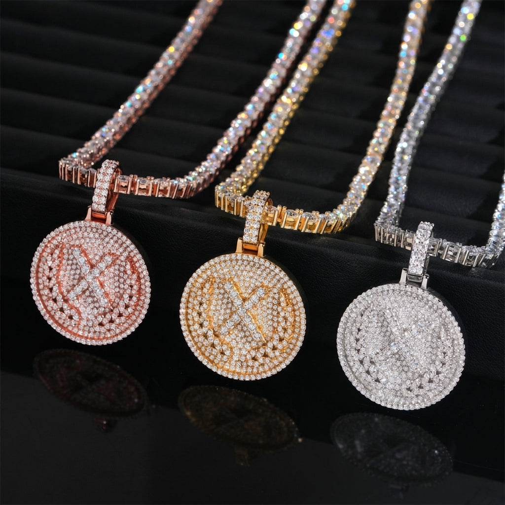 S925 sterling silver full iced out moissanite letter X medallion pendant in rose gold gold silver with tennis chain