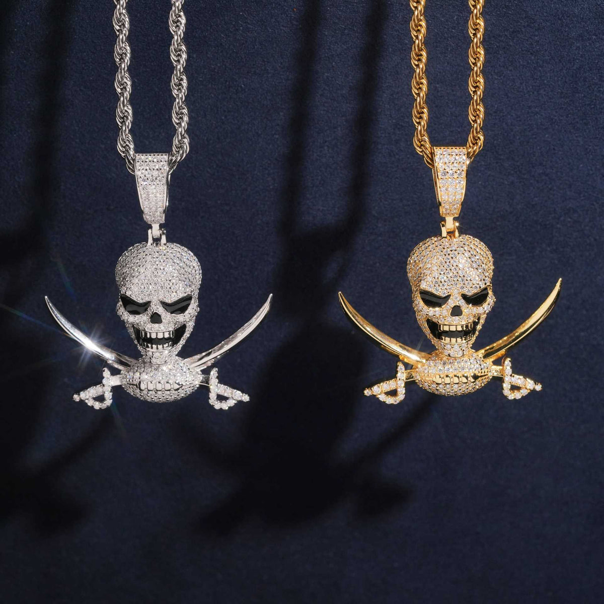 S925 sterling silver full iced out moissanite pirate skull and cross swords pendant in silver and gold with rope chain