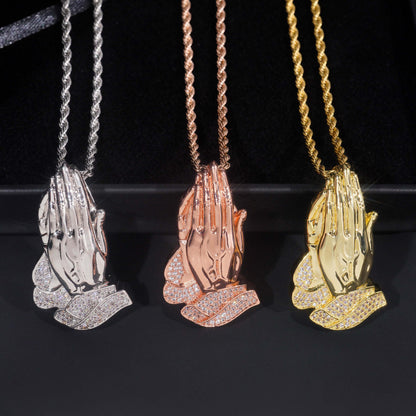 S925 sterling silver iced out moissanite praying hands pendant in silver rose gold gold with rope chain