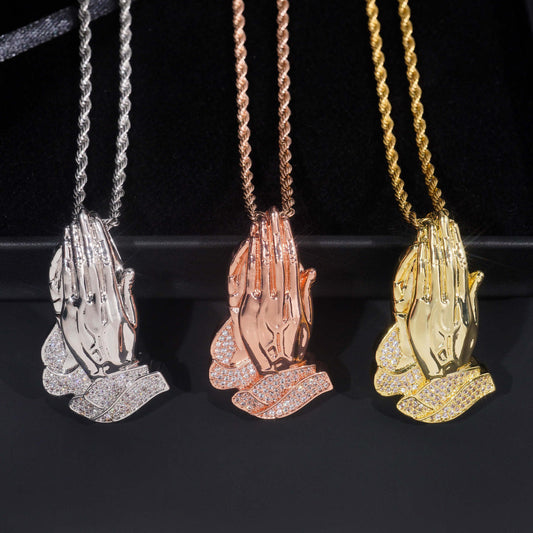 S925 sterling silver iced out moissanite praying hands pendant in silver rose gold gold with rope chain