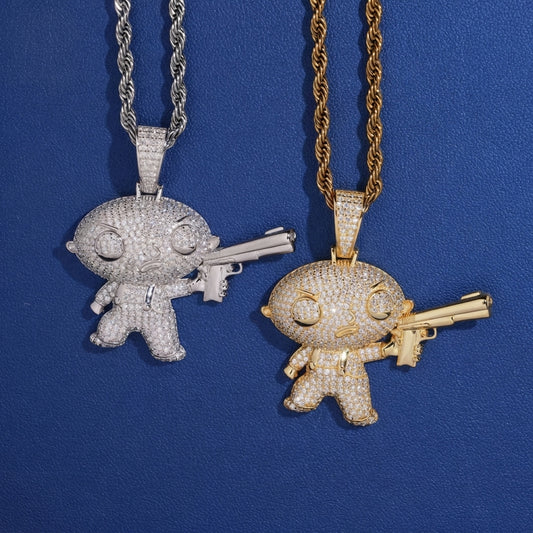 S925 sterling silver full iced out moissanite Stewie with gun pendant in silver and gold with rope chain