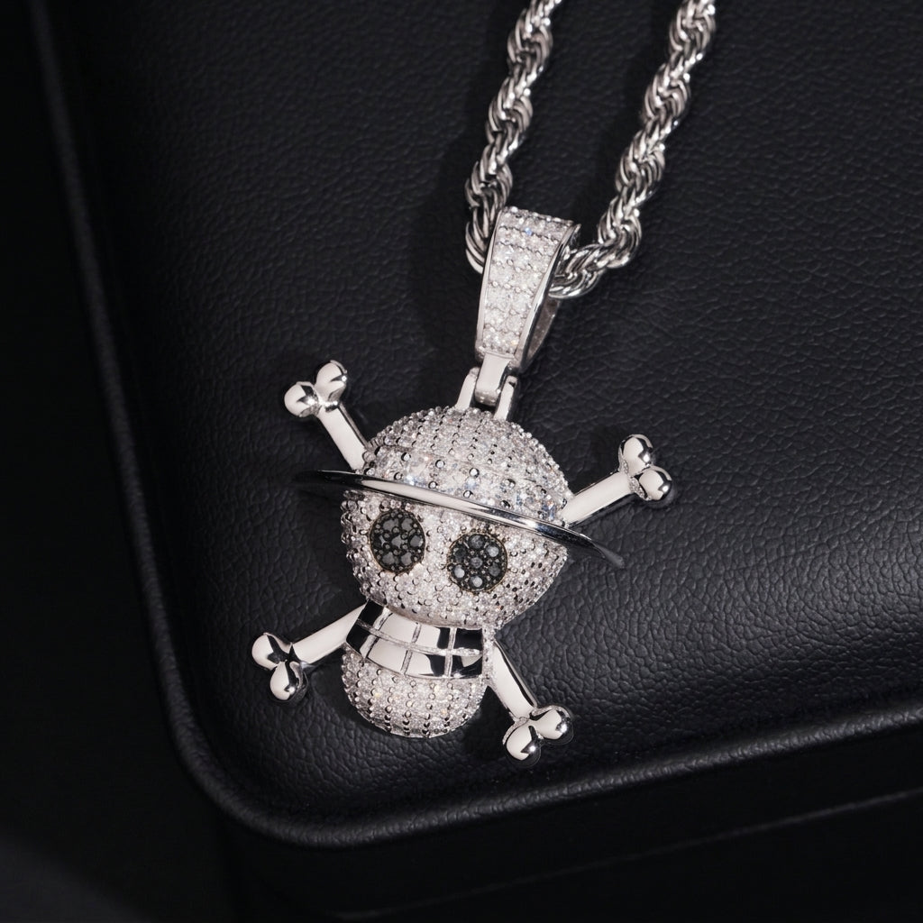 S925 sterling silver full iced out moissanite straw hat pirate skull pendant with rope chain on leather display box