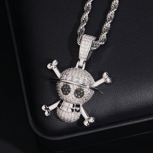 S925 sterling silver full iced out moissanite straw hat pirate skull pendant with rope chain on leather display box