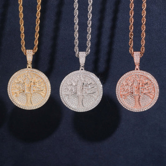 S925 sterling silver full iced out moissanite Tree of Life medallion pendant in gold silver rose gold with rope chain