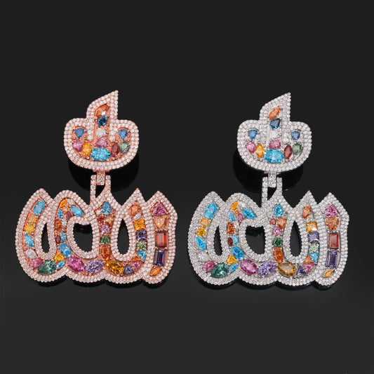 S925 sterling silver full iced out multi-color moissanite Arabic Allah pendant in rose gold and silver