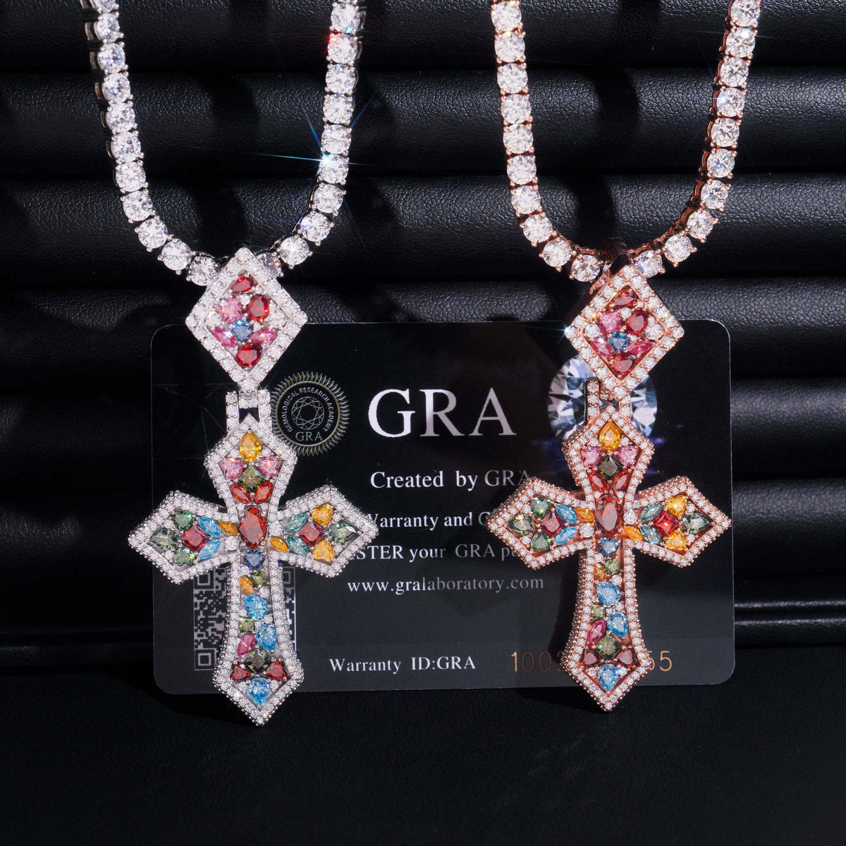 S925 sterling silver full iced out multi-color moissanite cross pendant pair with tennis chains on GRA card