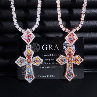 S925 sterling silver full iced out multi-color moissanite cross pendant pair with tennis chains on GRA card