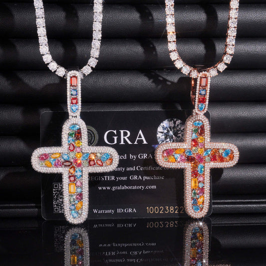 S925 sterling silver full iced out multi-color moissanite rounded cross pendant pair with tennis chains on GRA card