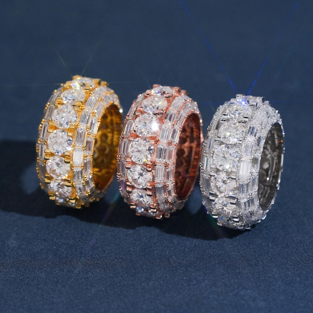 S925 sterling silver iced out round and baguette moissanite 3-row band ring in gold rose gold silver