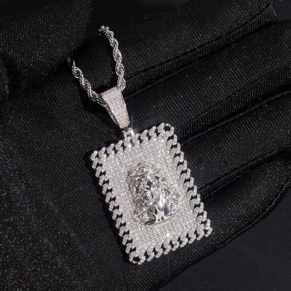 Hollow mesh back view of S925 sterling silver iced out moissanite Jesus rectangular dog tag pendant