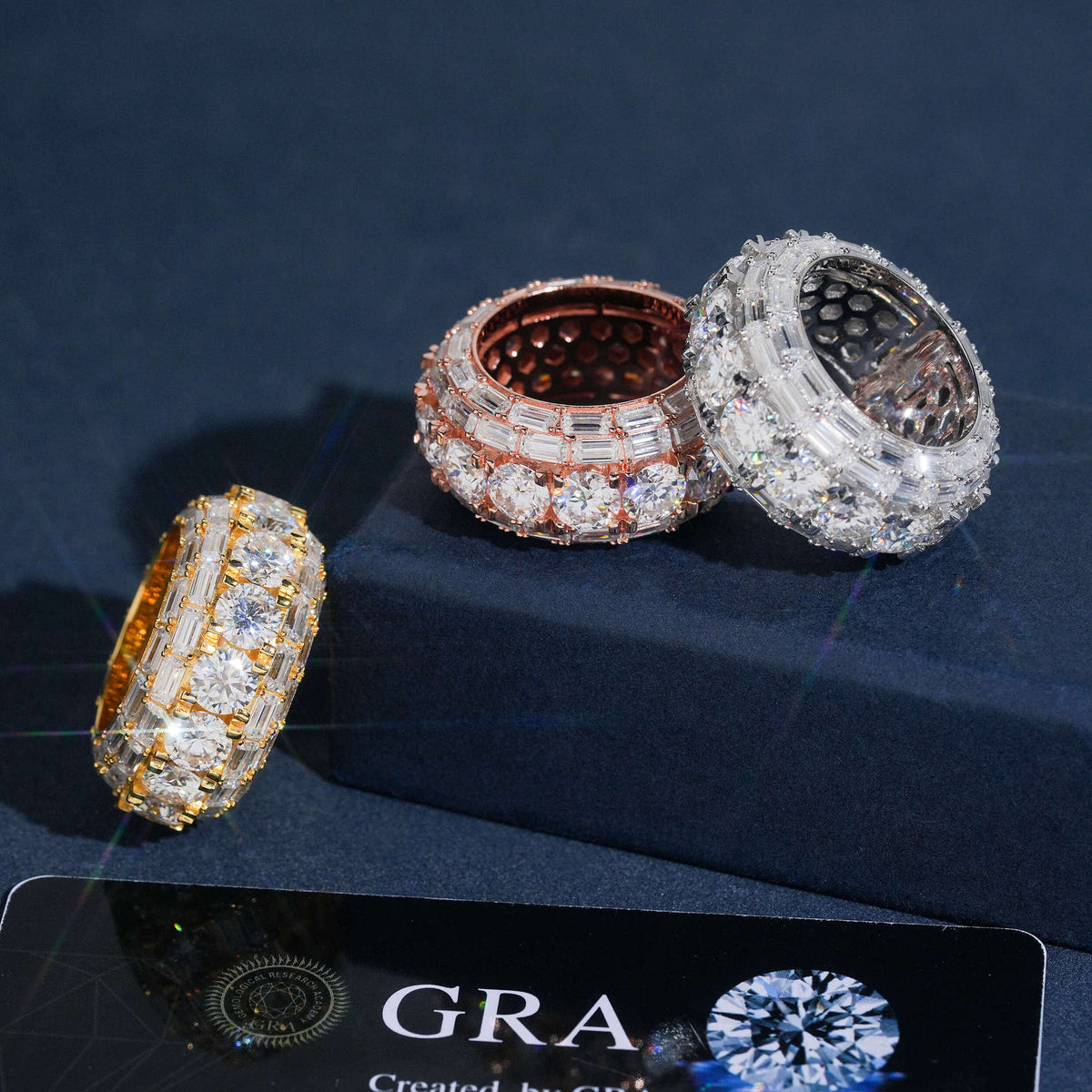 Inside hollow view of S925 sterling silver iced out round and baguette moissanite 3-row eternity band rings