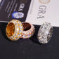 Three-color S925 silver moissanite round and baguette 3-row band rings displayed with GRA certificate card   